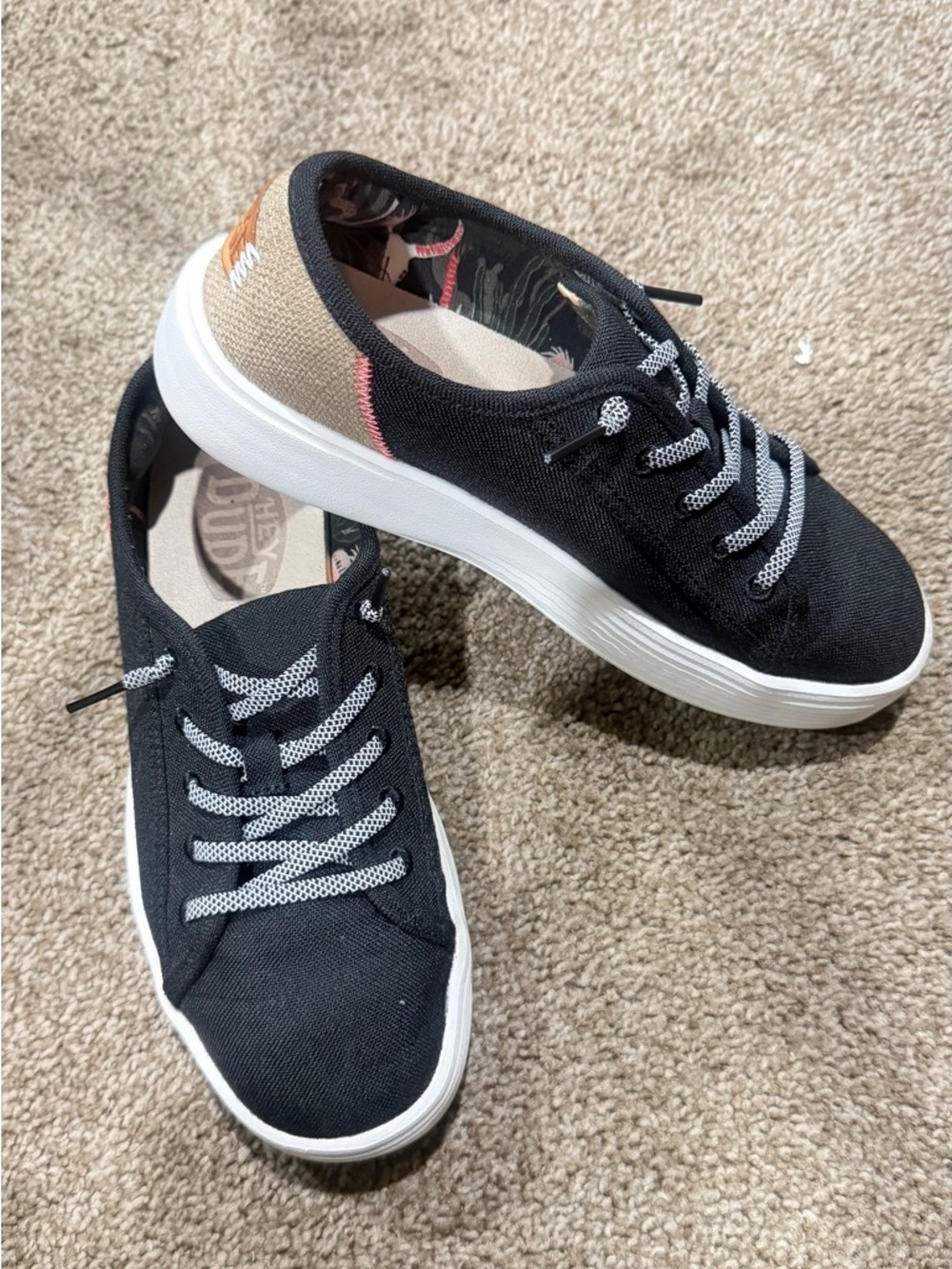 Hey Dude Black Canvas Sneakers with Tan Heel Patch and White Soles - Picture 2 of 5